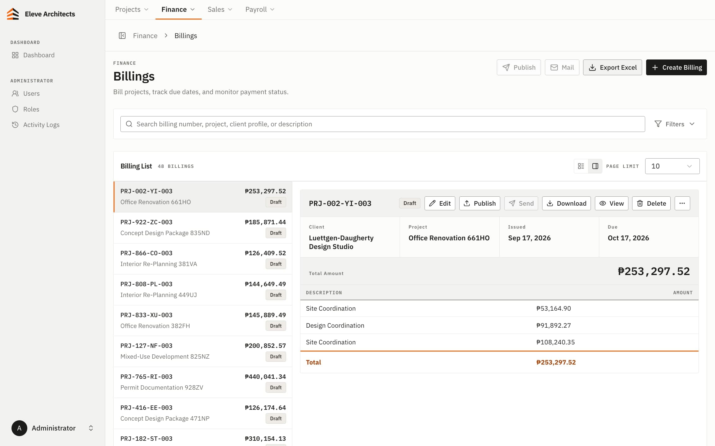 Eleve billing module: a list of 48 billings beside one draft invoice with its line items and total.